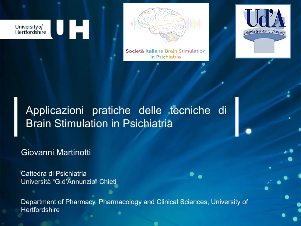 Slide della relazione del Prof. Giovanni Martinotti sulle applicazioni pratiche delle tecniche di stimolazione cerebrale (brain stimulation) in psichiatria