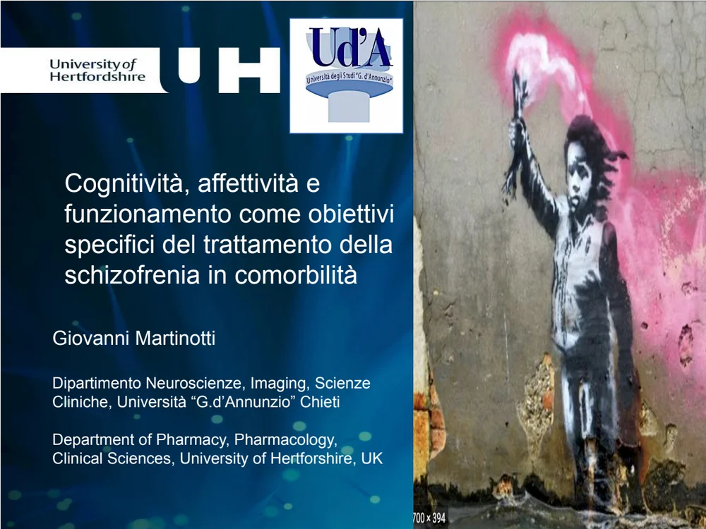 Slide della relazione del Prof. Giovanni Martinotti su cognitività, affettività e funzionamento come obiettivi del trattamento della schizofrenia in comorbilità
