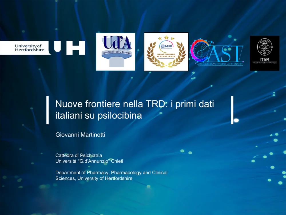 Slide della relazione del Prof. Giovanni Martinotti sui primi dati italiani sull'uso della psilocibina nel trattamento della depressione resistente (TRD)