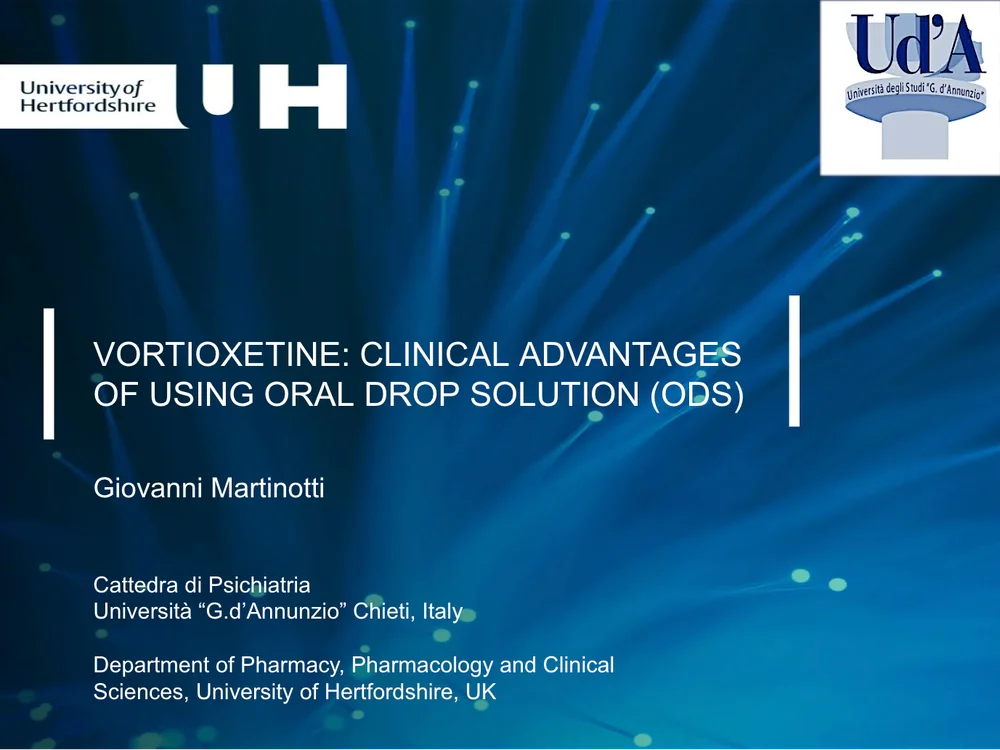 Slide della relazione del Prof. Giovanni Martinotti sui vantaggi clinici della vortioxetina in soluzione in gocce (oral drop solution, ODS)