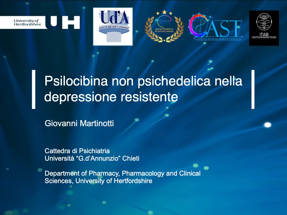 Slide della relazione del Prof. Giovanni Martinotti sulla psilocibina non psichedelica nel trattamento della depressione resistente (TRD)